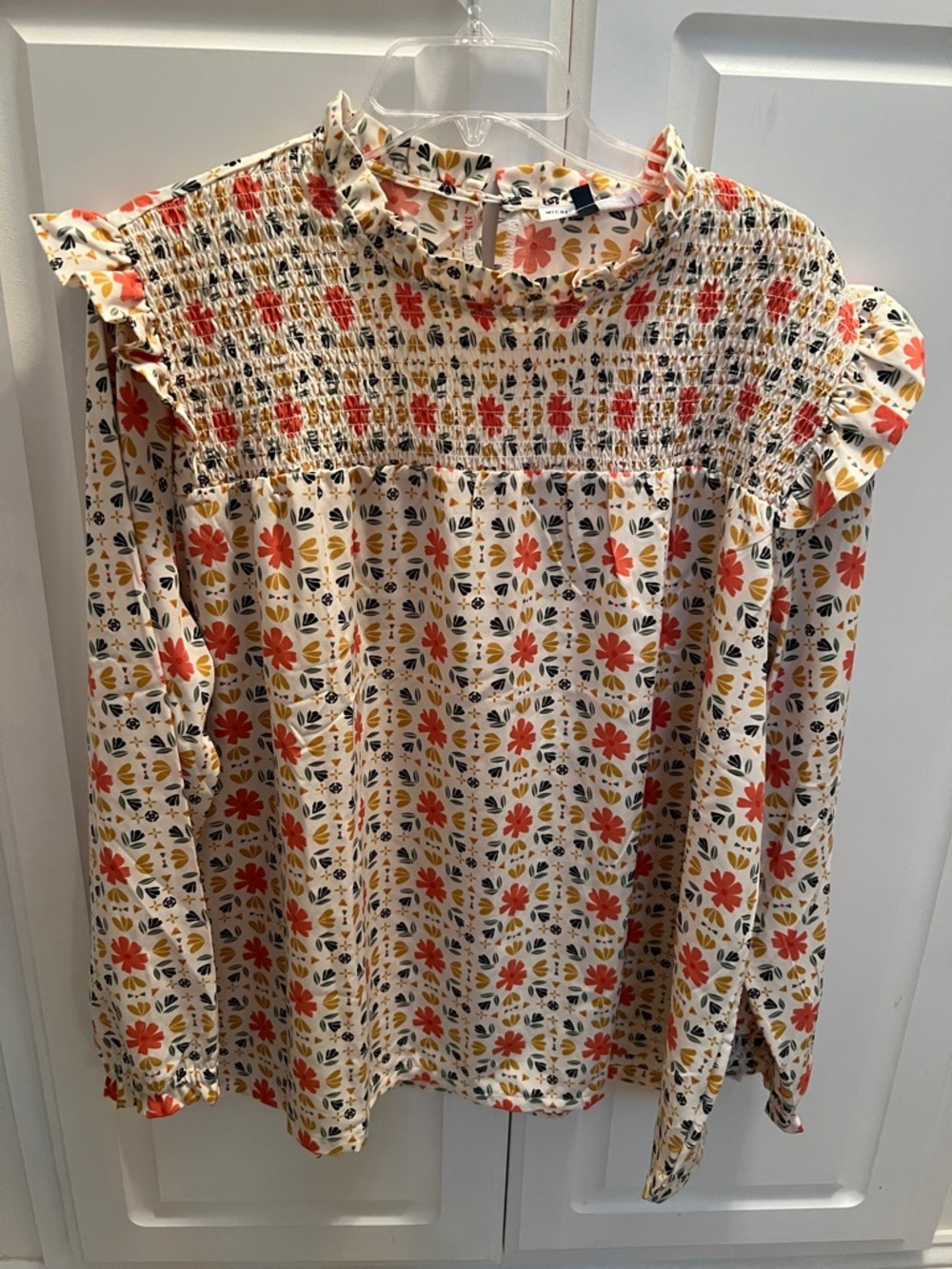 Michelle McDowell Robin Floral Smocked High-Neck Women's Top in Cream and Coral